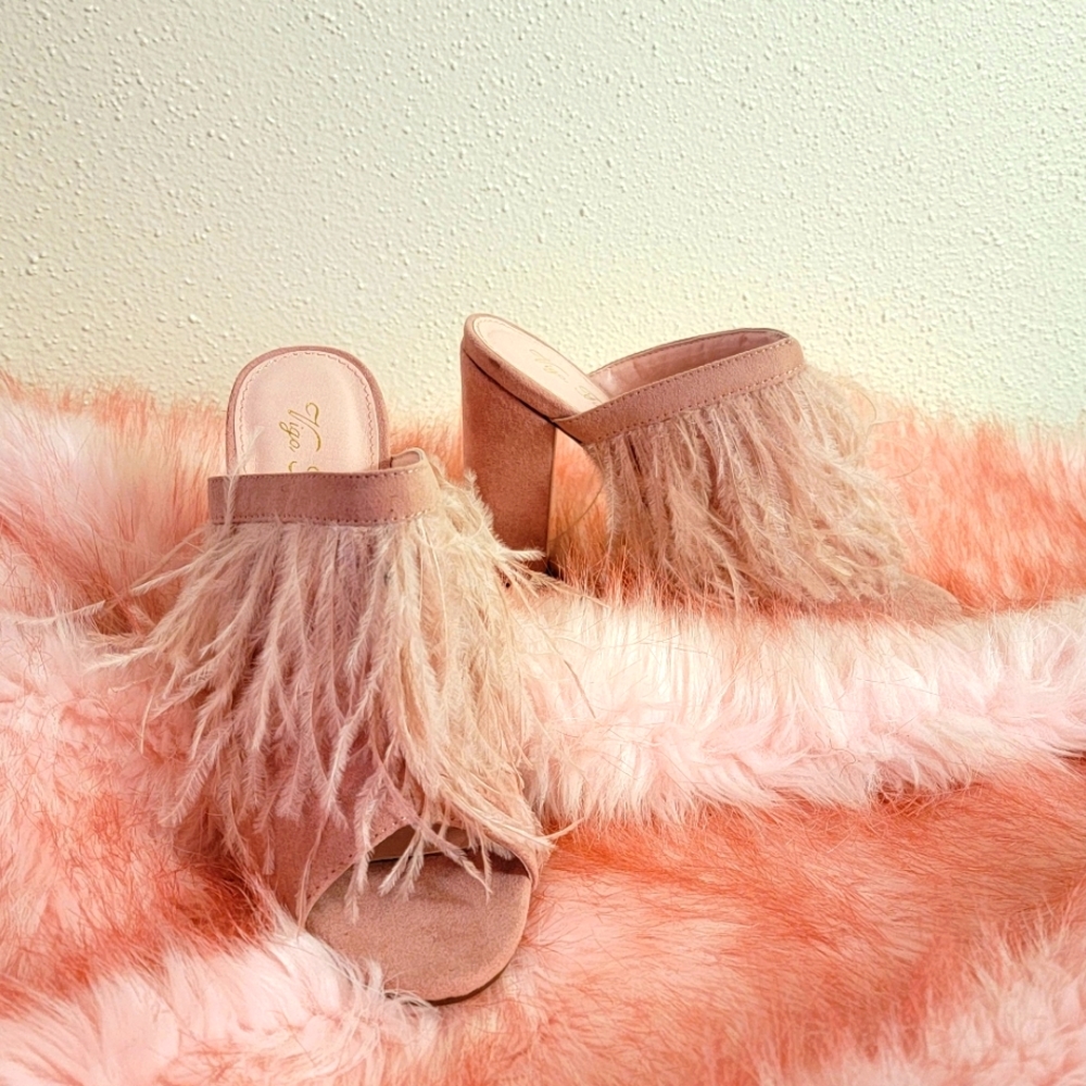 Brand New Dusty Pink Feather Mule Heels